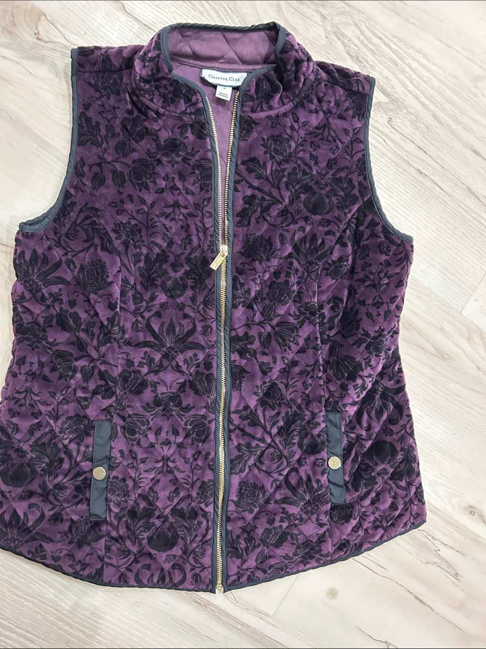 Charter Club Plum Floral Quilted Vest with Gold Zip